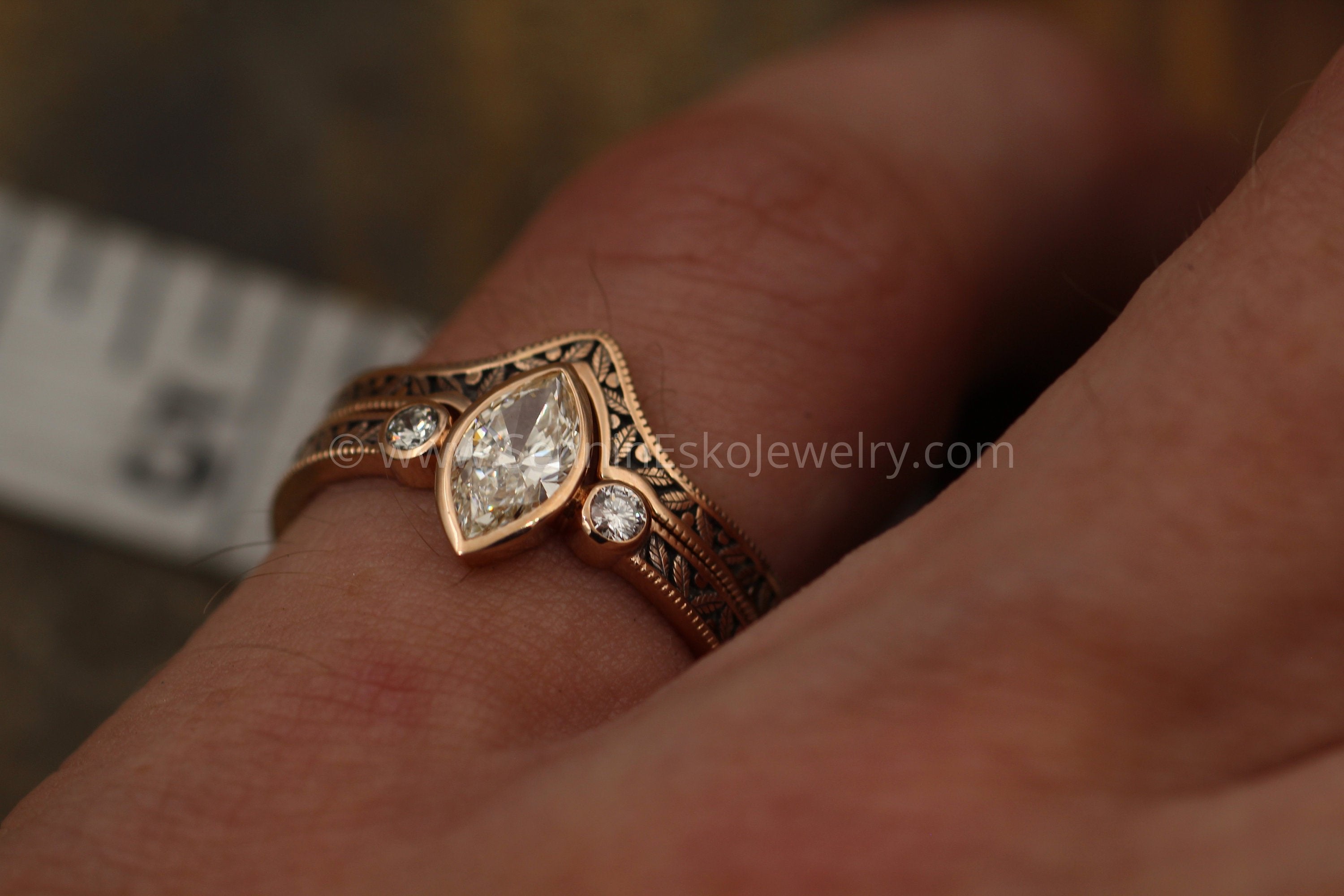 Diamond Rose Gold Hand Made Vintage Engagement Ring Set - Marquise