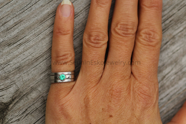 Platinum 3x Piece Stackable Set - Depicted with an Emerald (Setting Only, Center Stone Sold Separately) Sennin Esko Jewelry Alternative Platinum, Colombian Emerald, Diamond Alternative, Emerald Bezel Ring, Emerald Engagement Loose Settings
