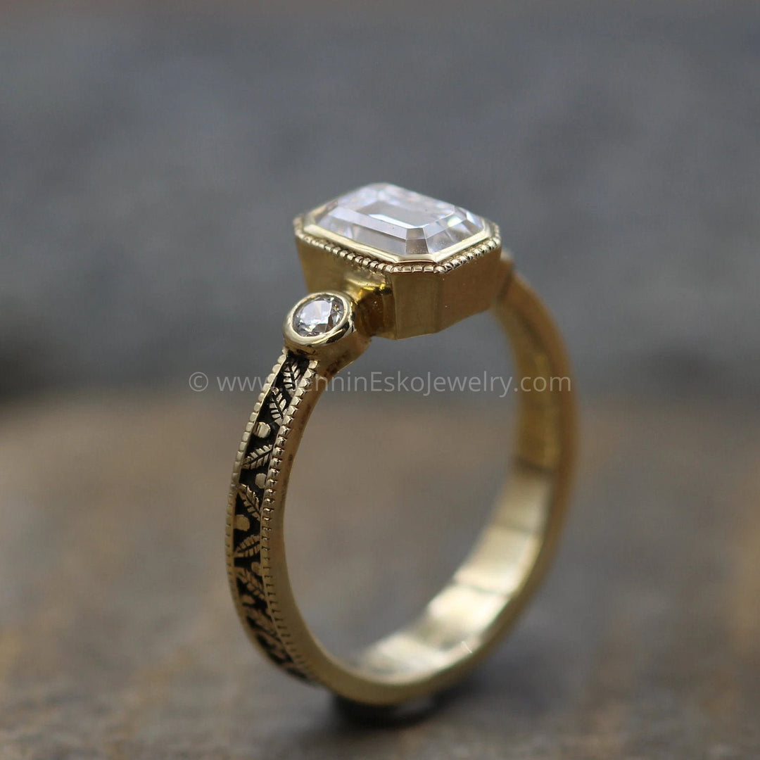 Three Stone Moissanite Accent Leaf Engraved Bezel Ring Setting Moissanite depicted (Setting Only, Center Stone Sold Separately)