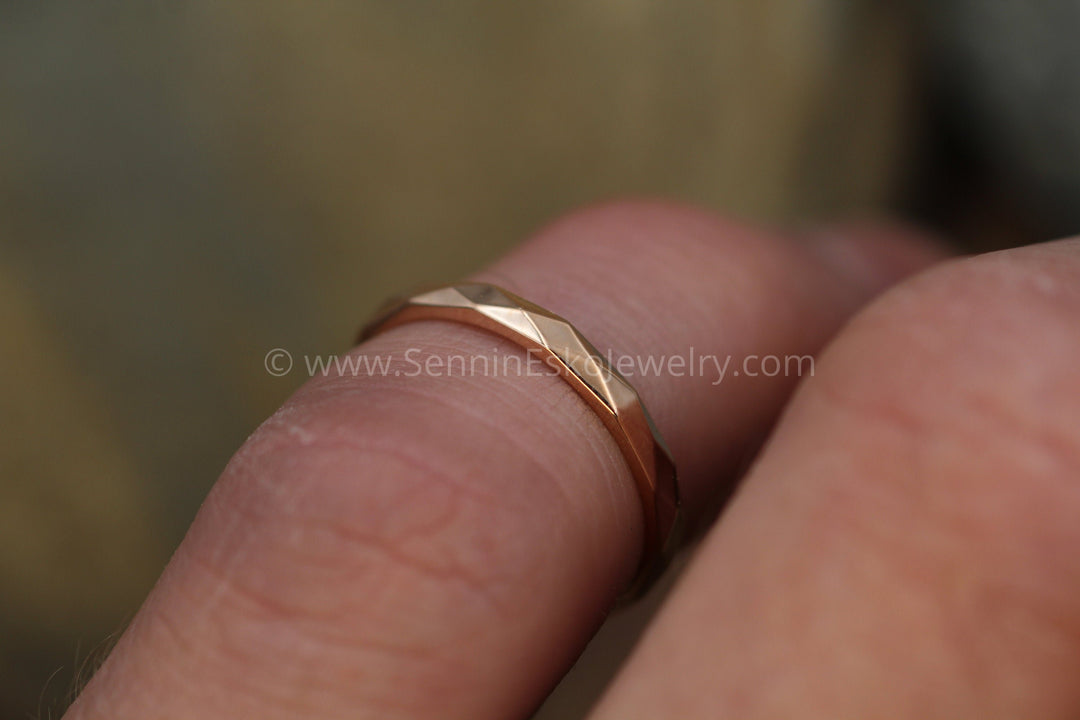 Faceted 14kt Yellow Gold 2mm Band Sennin Esko Jewelry 14 kt gold band, 14 kt wedding, 18 kt Wedding Ring, Custom Engraving, Engraved Band, Faceted Texture ENGRAVABLE BANDS/WEDDING