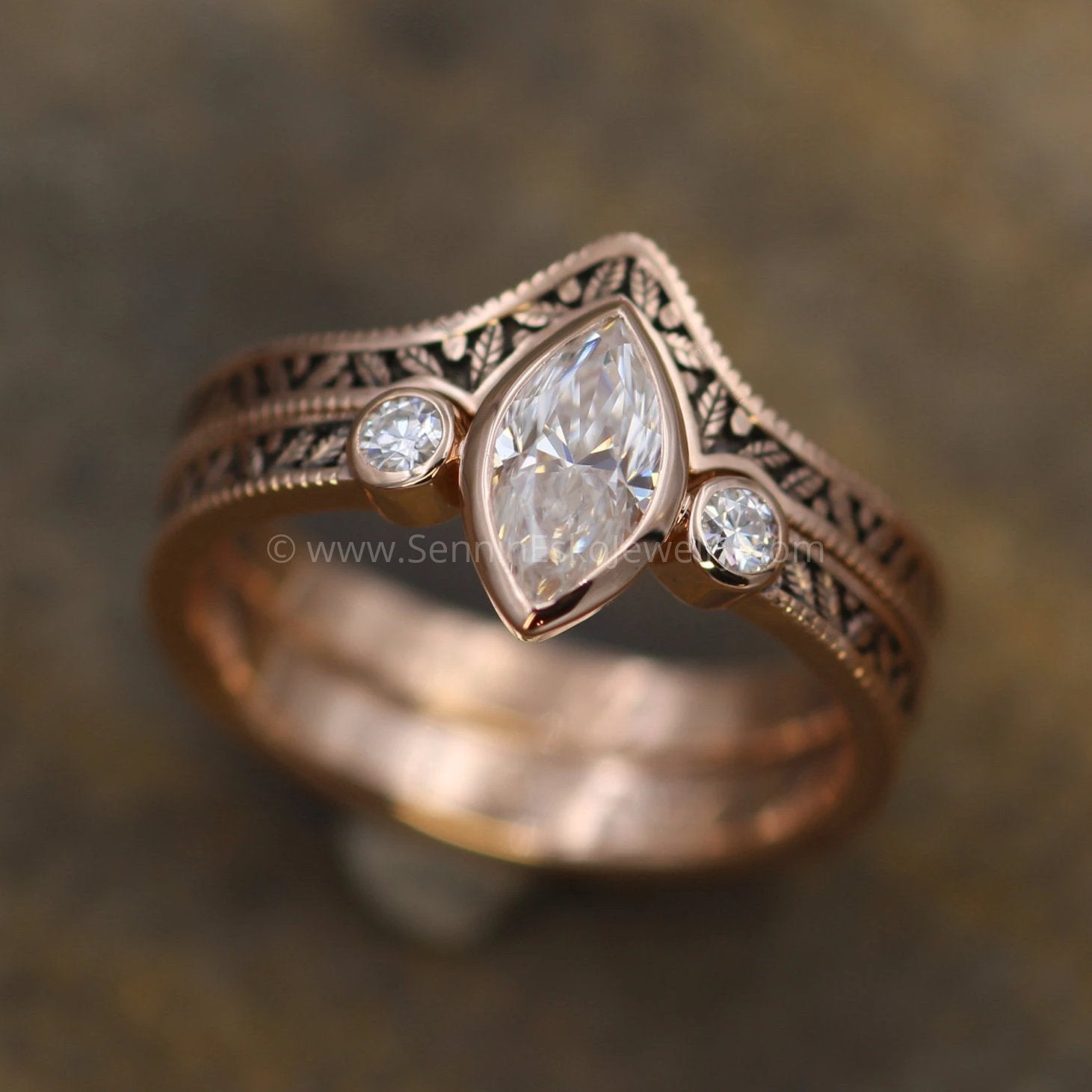 Moissanite Vintage Inspired Engagement and Wedding Ring Set - Marquise ...