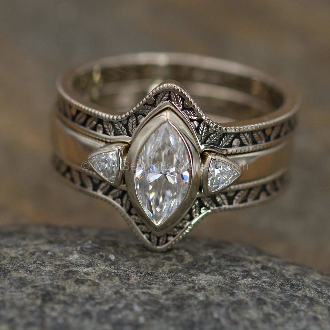 Moissanite White Gold Hand Made Leaf Engraved Vintage Engagement