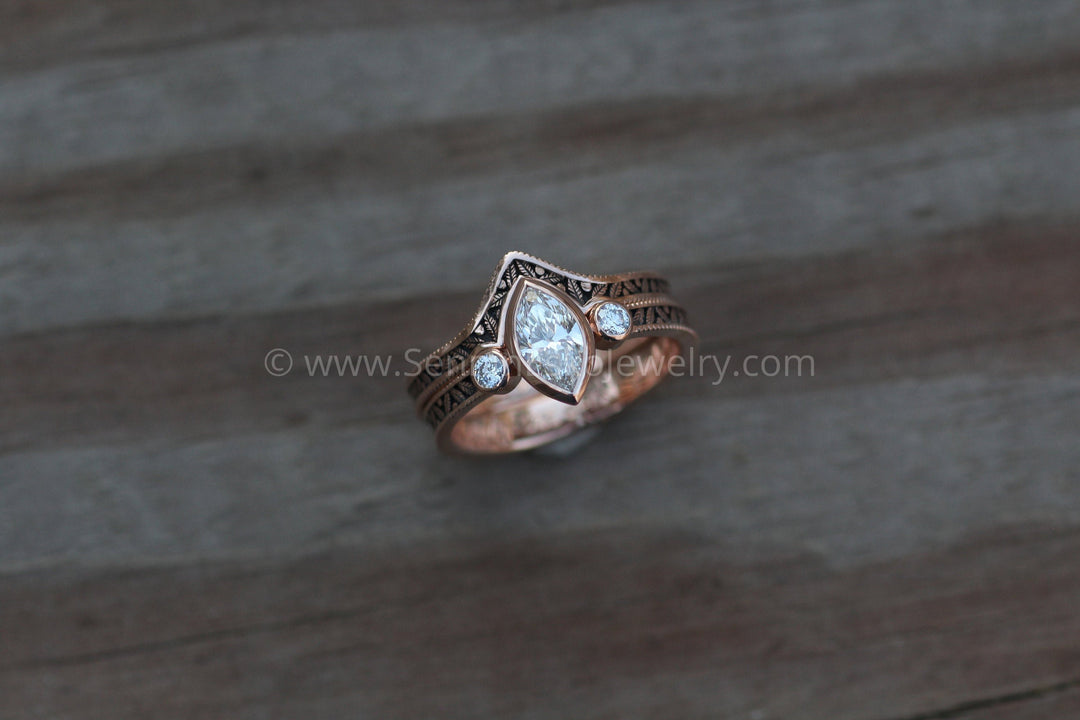 Diamond Rose Gold Hand Made Vintage Engagement Ring Set - Marquise Ring - Leaf Sennin Esko Jewelry Alternative Engag, Bezel ring, Conflict Free Ring, Diamond Alternative, Diamond Bezel Eng, Diamond G FINE RINGS / ENGAGEMENT