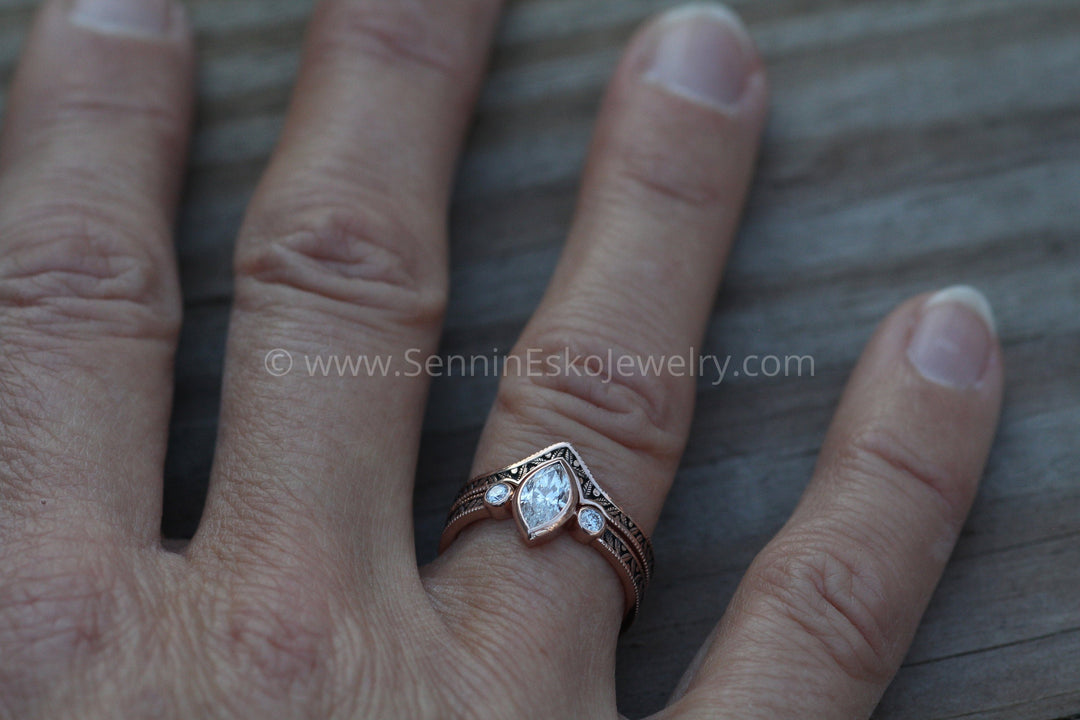 Diamond Rose Gold Hand Made Vintage Engagement Ring Set - Marquise Ring - Leaf Sennin Esko Jewelry Alternative Engag, Bezel ring, Conflict Free Ring, Diamond Alternative, Diamond Bezel Eng, Diamond G FINE RINGS / ENGAGEMENT