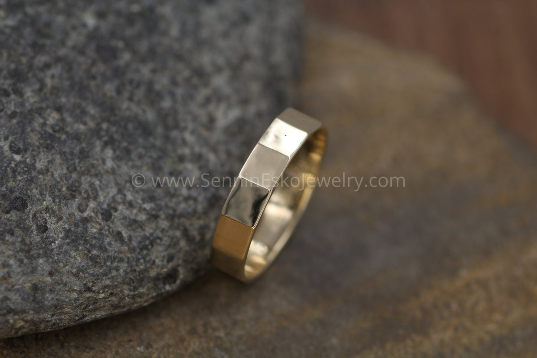 14kt yellow gold 5x1mm Flat Faceted Texture Band - Glossy Finish Sennin Esko Jewelry Engraved band, Engraved Wedding, Faceted Gold Band, Gold Mens Band, Jewelry, Men and Womens Ring, Me ENGRAVABLE BANDS/WEDDING