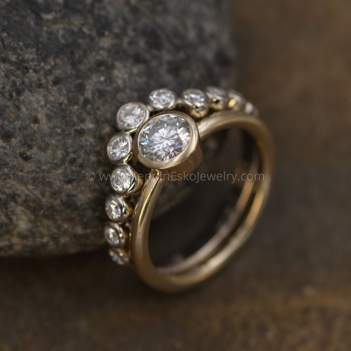 Mossanite Bezel Ring Set - 5mm Forever One Yellow Gold Ring With A White Gold Contour Bezel Ring Sennin Esko Jewelry Contour Bezel, Contour Ring, Contour Wedding, Engagement Set Tag, Jewelry, Moissanite Contour, Moiss FINE RINGS / ENGAGEMENT