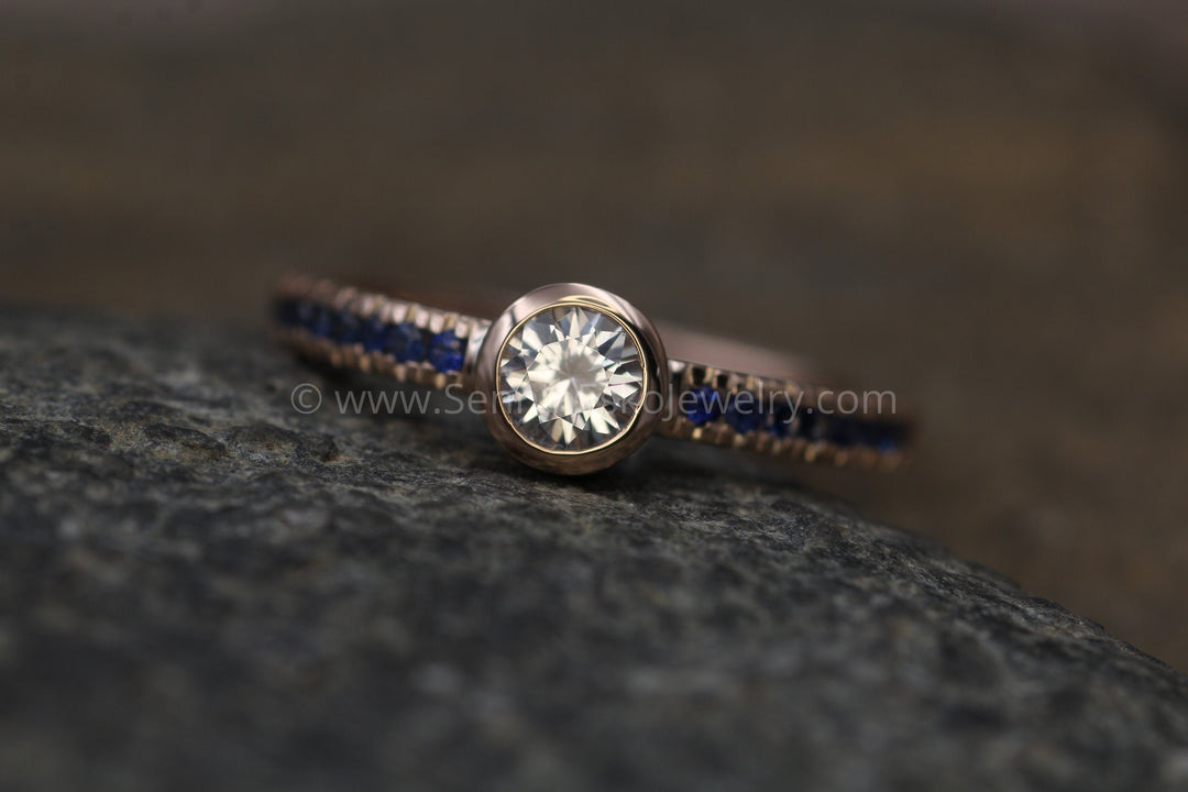 White and Blue Sapphire Rose Gold Alternative Engagement - Sapphire Gold Ring - White Sapphire Bezel Ring - Sapphire Ring - Rose Gold Ring Sennin Esko Jewelry Blue Sapphire Bezel, Diamond Alternative, Engagement Rings, GEMSTONE TAG, Jewelry, Recycled Engageme FINE RINGS / ENGAGEMENT