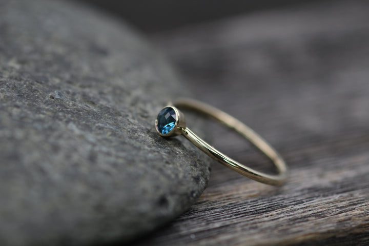 London Blue Topaz Yellow Gold Stacking Ring - Precision Cut London Blue Topaz Ring - Topaz Bezel Ring Sennin Esko Jewelry Alternative Ring, Bezel Stacking Ring, Dark Blue Topaz, Electric Blue Topaz, London Blue, London Blu FINE RINGS / ENGAGEMENT