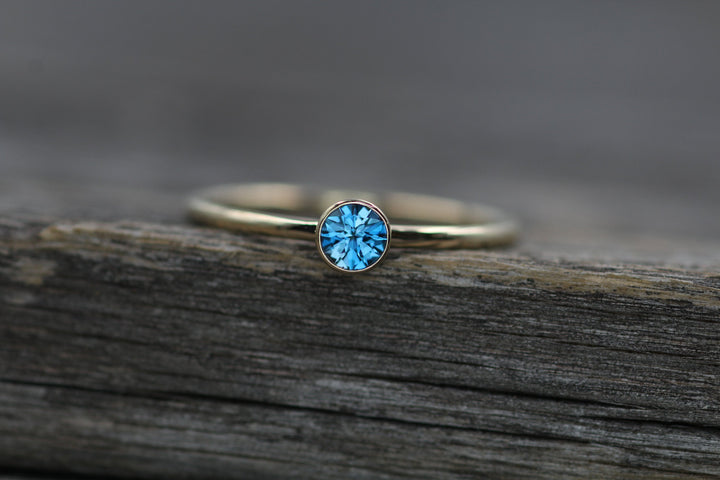 London Blue Topaz Yellow Gold Stacking Ring - Precision Cut London Blue Topaz Ring - Topaz Bezel Ring Sennin Esko Jewelry Alternative Ring, Bezel Stacking Ring, Dark Blue Topaz, Electric Blue Topaz, London Blue, London Blu FINE RINGS / ENGAGEMENT