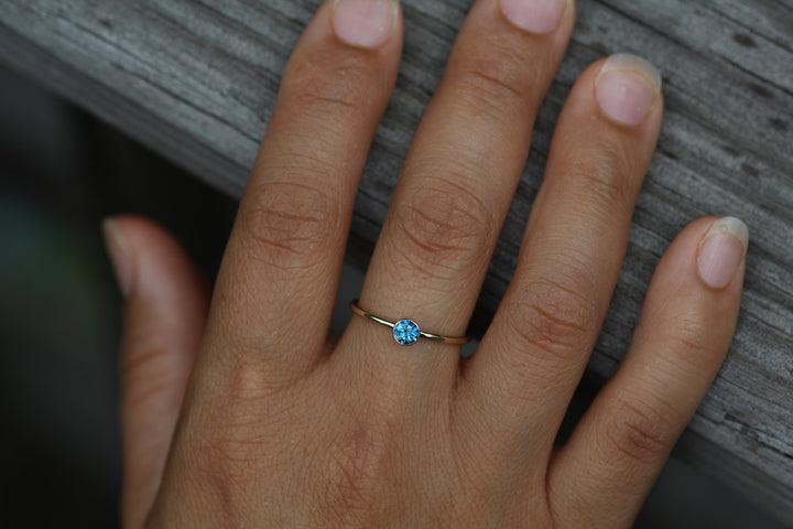 London Blue Topaz Yellow Gold Stacking Ring - Precision Cut London Blue Topaz Ring - Topaz Bezel Ring Sennin Esko Jewelry Alternative Ring, Bezel Stacking Ring, Dark Blue Topaz, Electric Blue Topaz, London Blue, London Blu FINE RINGS / ENGAGEMENT