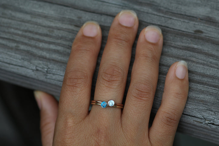 London Blue Topaz Yellow Gold Stacking Ring - Precision Cut London Blue Topaz Ring - Topaz Bezel Ring Sennin Esko Jewelry Alternative Ring, Bezel Stacking Ring, Dark Blue Topaz, Electric Blue Topaz, London Blue, London Blu FINE RINGS / ENGAGEMENT