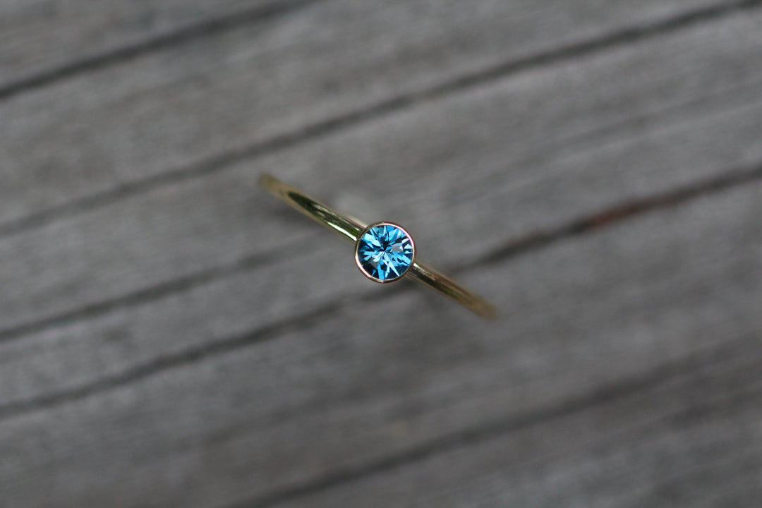 London Blue Topaz Yellow Gold Stacking Ring - Precision Cut London Blue Topaz Ring - Topaz Bezel Ring Sennin Esko Jewelry Alternative Ring, Bezel Stacking Ring, Dark Blue Topaz, Electric Blue Topaz, London Blue, London Blu FINE RINGS / ENGAGEMENT