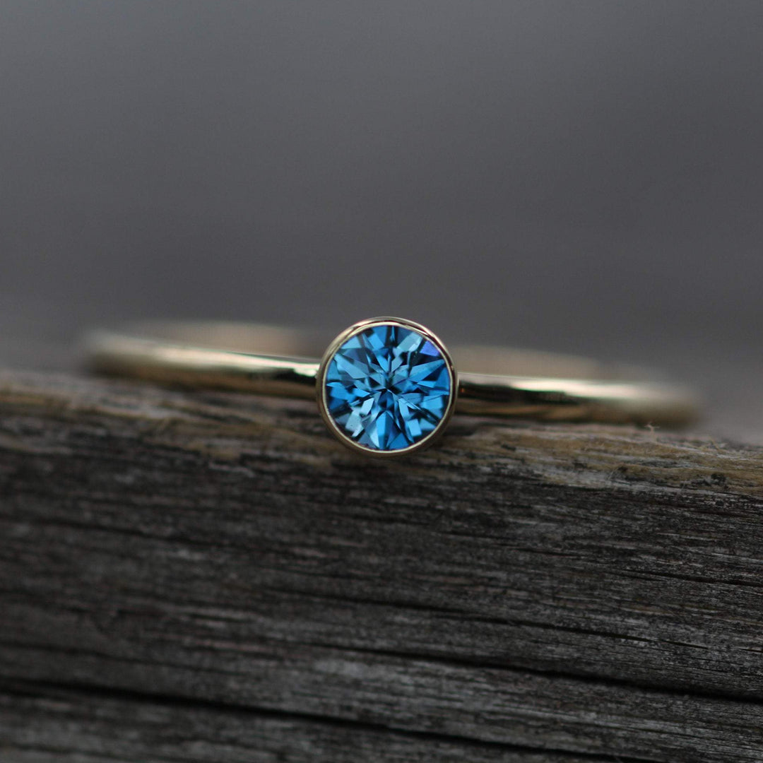London Blue Topaz Yellow Gold Stacking Ring - Precision Cut London Blue Topaz Ring - Topaz Bezel Ring Sennin Esko Jewelry Alternative Ring, Bezel Stacking Ring, Dark Blue Topaz, Electric Blue Topaz, London Blue, London Blu FINE RINGS / ENGAGEMENT