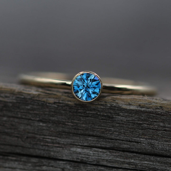 London Blue Topaz Yellow Gold Stacking Ring - Precision Cut London Blue Topaz Ring - Topaz Bezel Ring Sennin Esko Jewelry Alternative Ring, Bezel Stacking Ring, Dark Blue Topaz, Electric Blue Topaz, London Blue, London Blu FINE RINGS / ENGAGEMENT