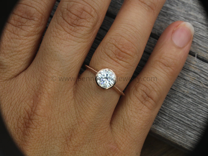 Moissanite 7mm Near Colorless Wheat Engraved Band Vintage Inspired Engagement Ring Sennin Esko Jewelry Alternative Ring, Charles and Colvard, Diamond Alternative, Engagement Rings, FINE RINGS /  ENGAGEME FINE RINGS / ENGAGEMENT